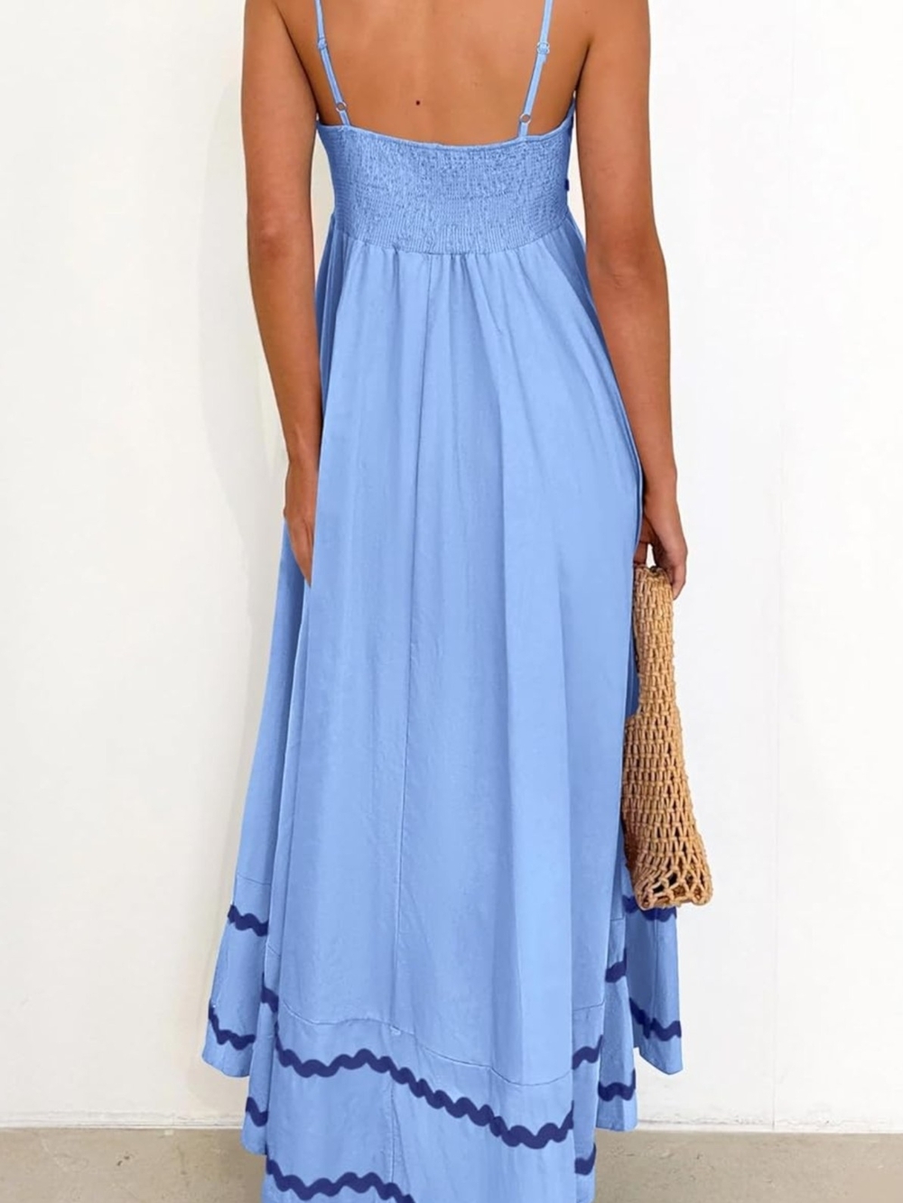 Light Blue Maxi Dress with Navy Trim - Picture 3 of 5